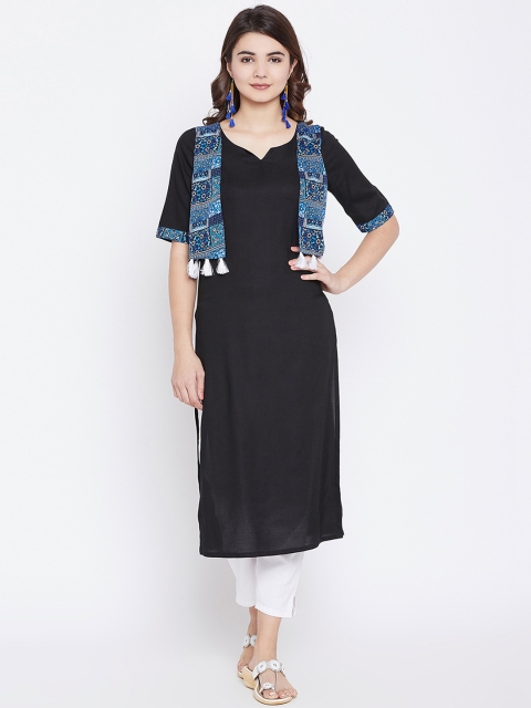 

PANIT Women Black Straight Kurta with Printed Jacket