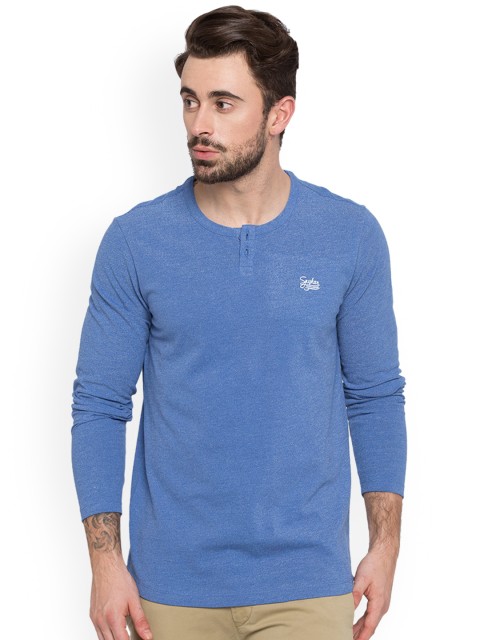 

SPYKAR Men Blue Solid Henley Neck T-shirt