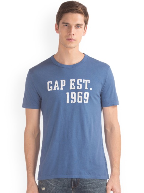 

GAP Men Blue Flock Print Crew Neck T-Shirt
