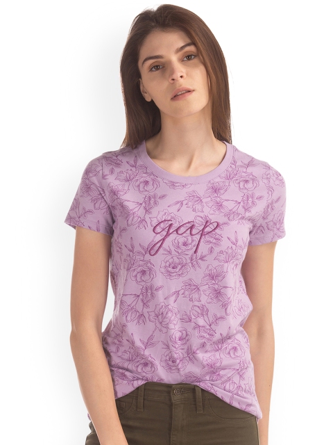 

GAP Women Lavender Floral Print Logo Tee