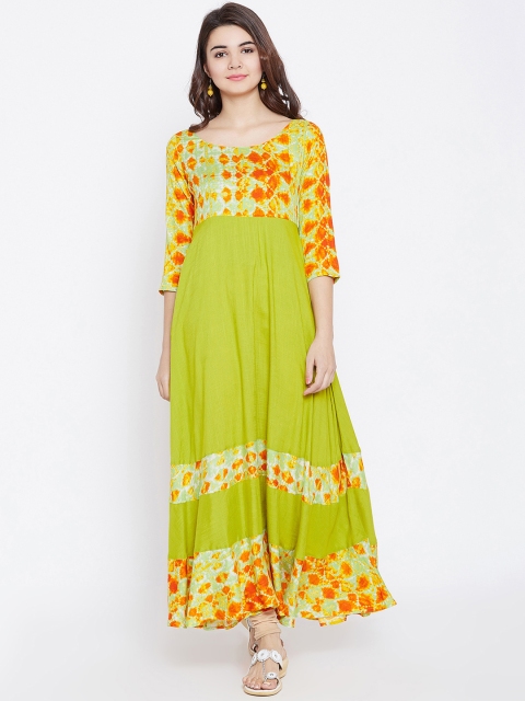 

PANIT Women Green & Orange Printed Tiered A-Line Kurta