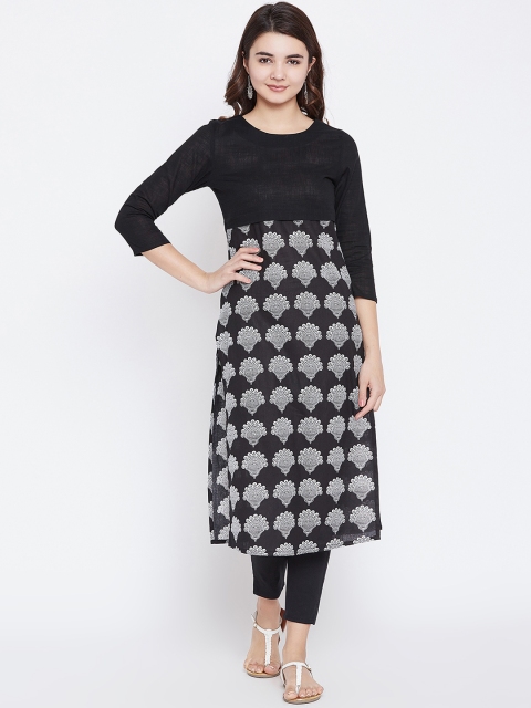

PANIT Women Black & Off-White Printed Straight Kurta