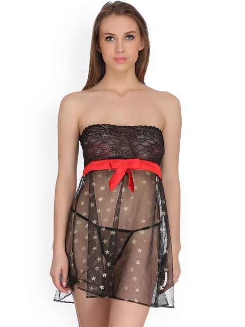 

Clovia Black Self Design Baby Doll NS1046R13S