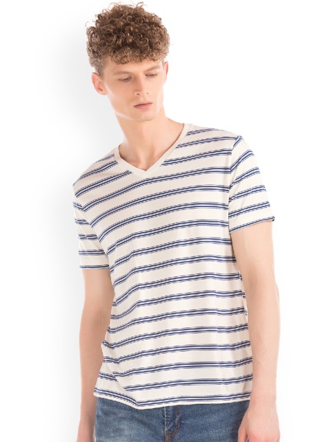 

GAP Men Off White and Blue Mix Stripe V-Neck Tee