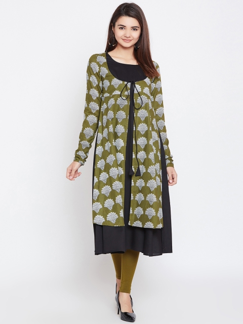 

PANIT Women Olive Green & Black Printed A-Line Kurta