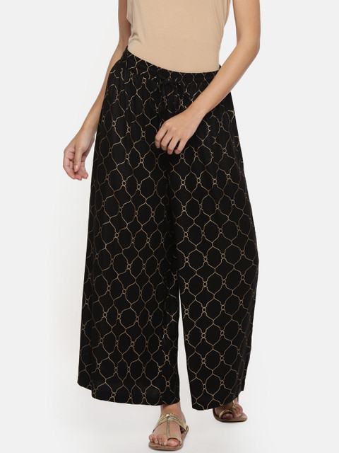 

RANGMANCH BY PANTALOONS Women Black & Gold-Toned Printed Wide Leg Palazzos