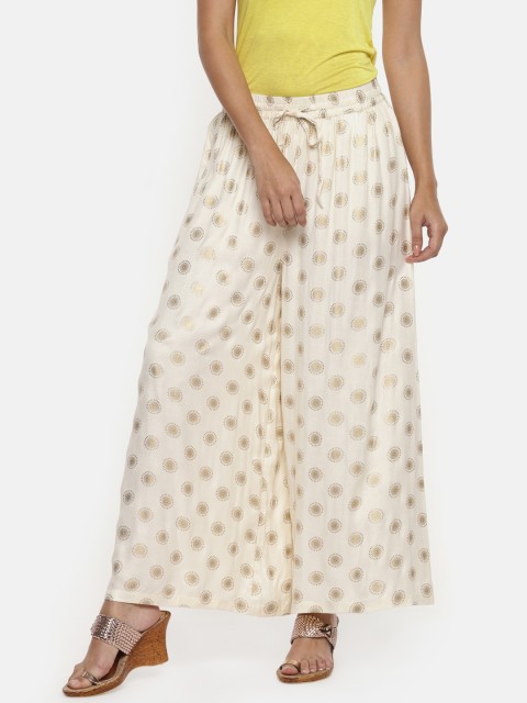 

RANGMANCH BY PANTALOONS Women Off-White & Gold-Toned Printed Wide Leg Palazzos