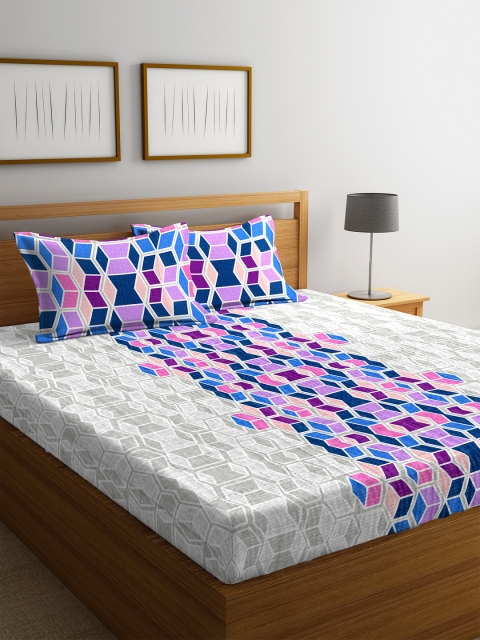 

Portico New York White & Purple Abstract Flat 144 TC Cotton 1 Queen Bedsheet with 2 Pillow Covers