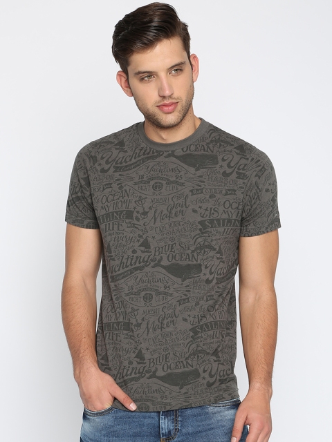 

Basics Men Grey Printed Round Neck T-shirt