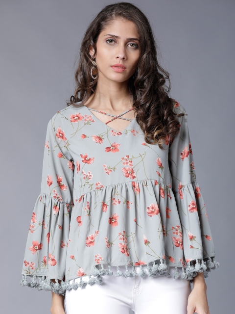 

Tokyo Talkies Women Grey Printed Peplum Top