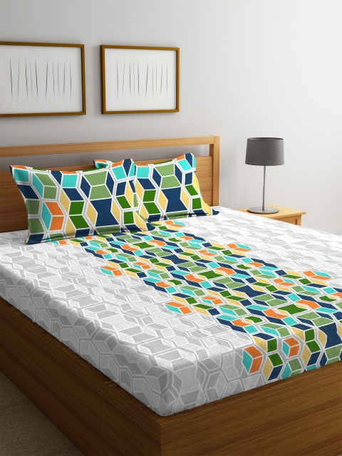 

Portico New York White & Green Abstract Flat 144 TC Cotton 1 Queen Bedsheet with 2 Pillow Covers