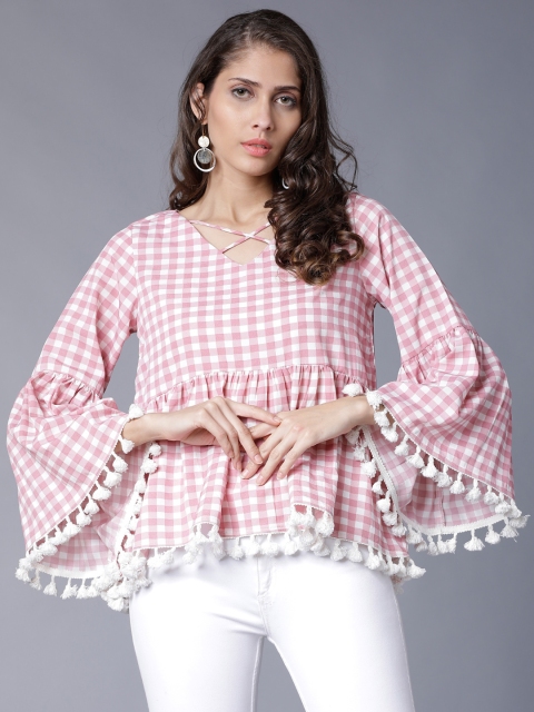 

Tokyo Talkies Women Pink Checked Peplum Top