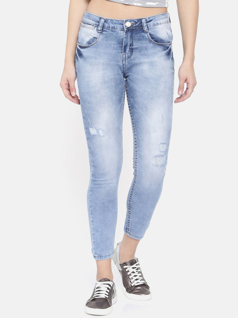 

ZHEIA Women Blue Skinny Fit Crop Mid-Rise Low Distress Stretchable Jeans