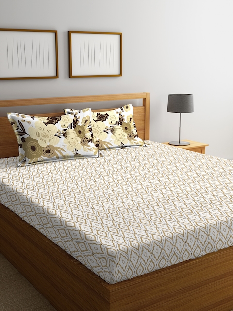 Portico New York Beige & White Abstract Flat 144 TC Cotton 1 Queen Bedsheet with 2 Pillow Covers