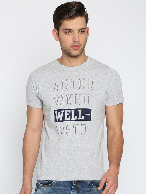 

Basics Men Grey Printed Round Neck T-shirt