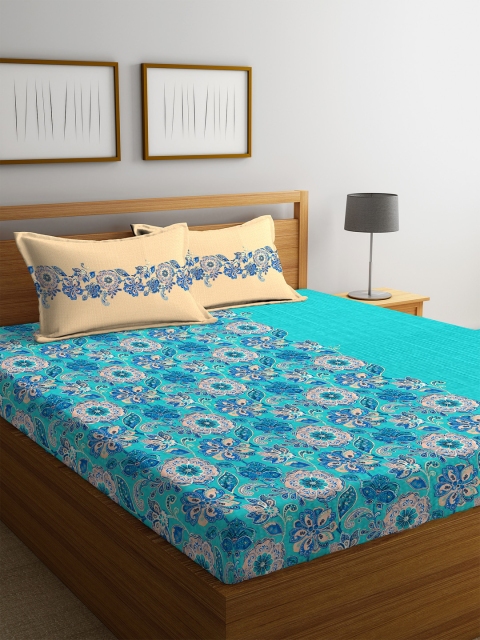 

Portico New York Turquoise Blue Floral Flat 144 TC Cotton 1 Queen Bedsheet with 2 Pillow Covers
