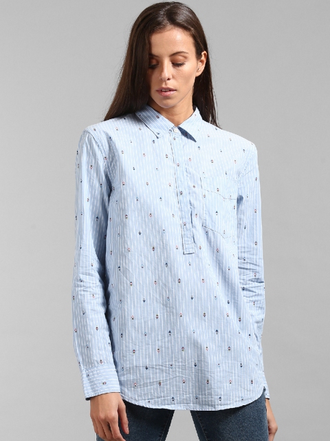 

GAP Women Blue Arrow Print Stripe Boyfriend Popover Shirt