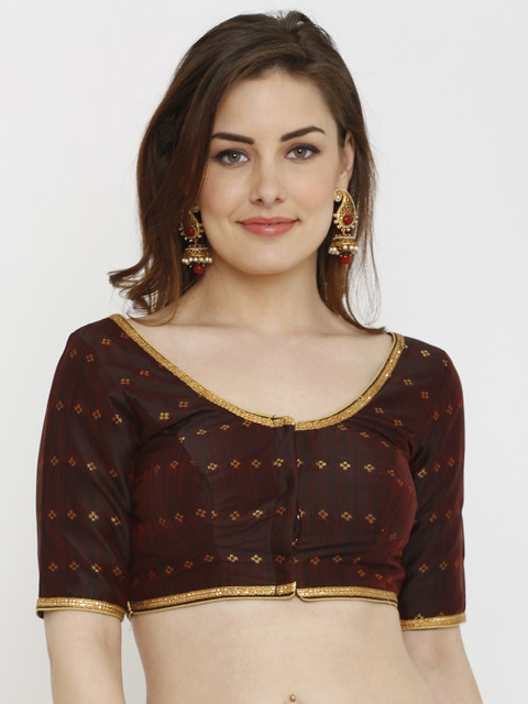 

SALWAR STUDIO Women Maroon Self-Design Dupion Silk Padded Saree Blouse