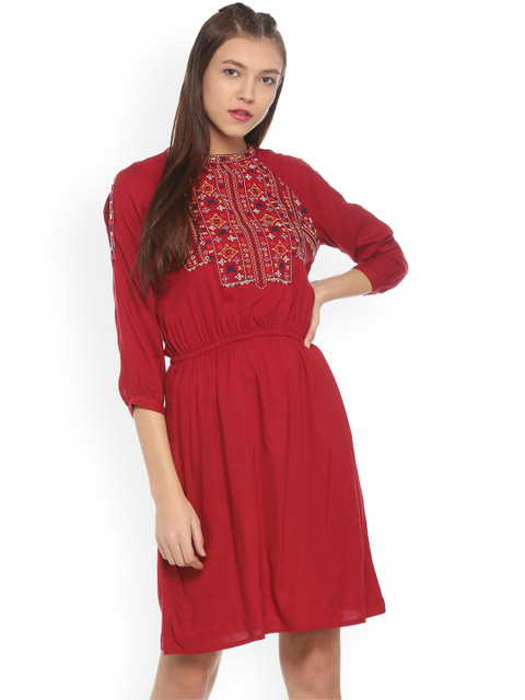 

People Women Red Self Design Blouson Dress
