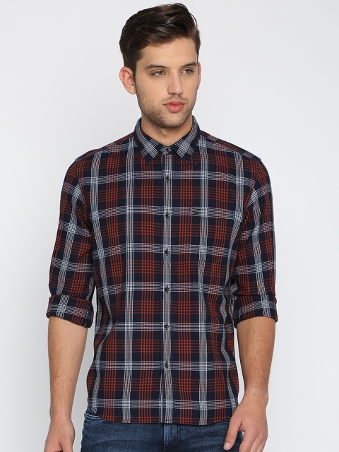 

Basics Men Blue & Orange Slim Fit Checked Casual Shirt