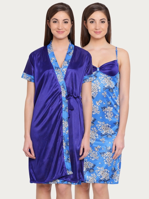 

Clovia Women Blue Printed Nightdress With Robe NS0312A08S