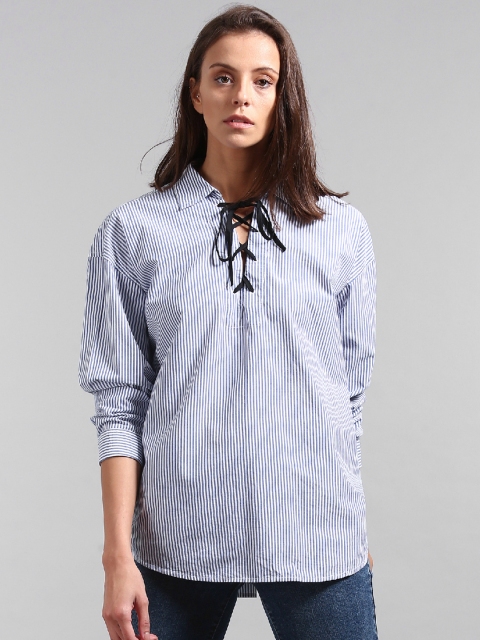 

GAP Women White and Blue Lace Up Stripe Shirt In Poplin