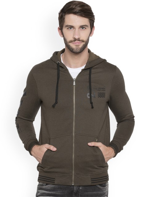 

SPYKAR Men Olive Green Printed Hooded Sweatshirt