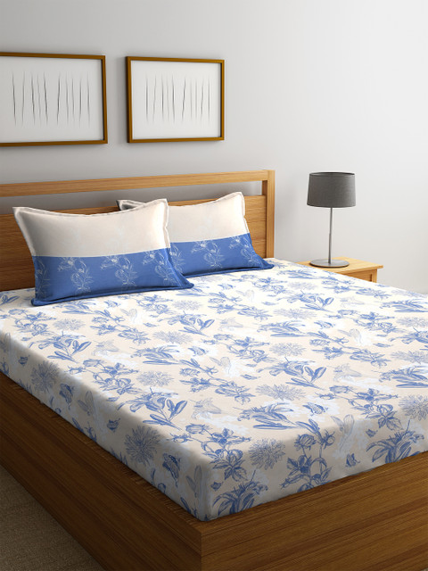 

Trident Blue Floral Flat 144 TC Cotton 1 King Bedsheet with 2 Pillow Covers