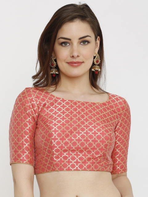 

SALWAR STUDIO Women Peach-Coloured Printed Dupion Silk Padded Saree Blouse