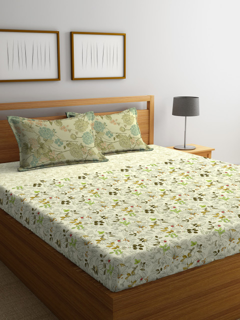 

Portico New York Off-White Floral Flat 144 TC Cotton 1 Double Bedsheet 2 Pillow Covers