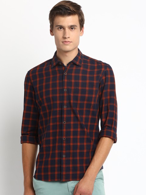 

Basics Men Navy Blue & Orange Slim Fit Checked Casual Shirt