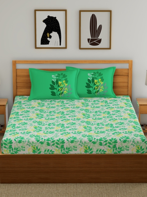 

Dreamscape Green Floral Flat 144 TC Cotton 1 Queen Bedsheet with 2 Pillow Covers