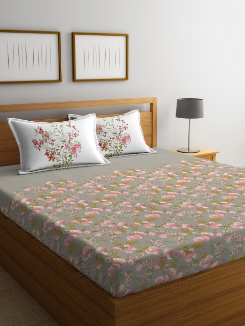 

Portico New York Taupe Floral Flat 144 TC Cotton 1 Double Bedsheet with 2 Pillow Covers