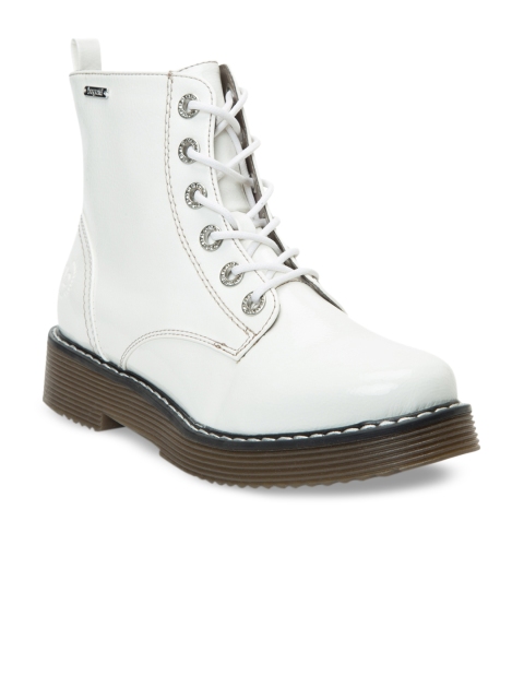 

Bugatti Women Off-White Solid Patent Leather Mid-Top Flat Boots