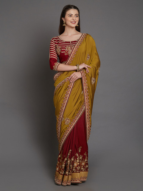 

Mitera Mustard Yellow & Maroon Pure Georgette Embroidered Half & Half Saree