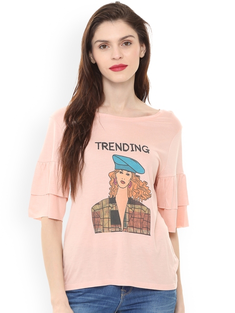 

People Women Pink Printed Bell Sleeves Top