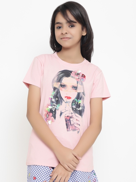 

Natilene Girls Peach-Coloured Printed Pure Cotton Top