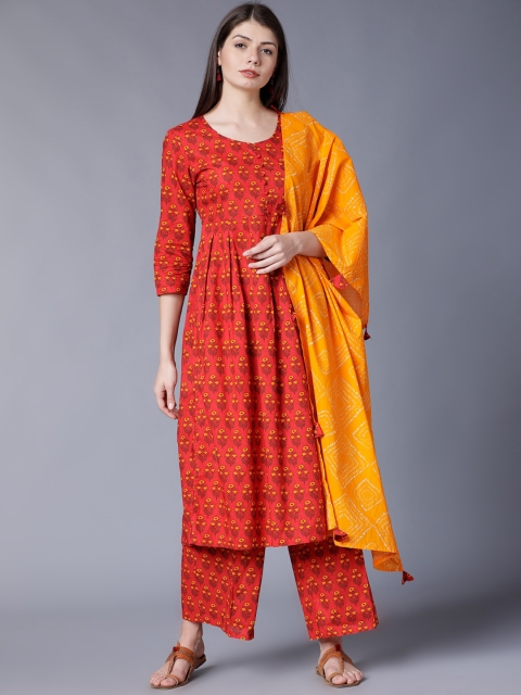 

Vishudh Women Red & Yellow Printed Kurta with Palazzos & Dupatta