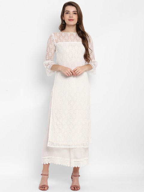 

SIRIKIT Women White Woven Design Straight Kurta