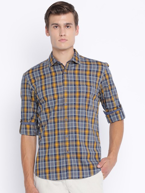 

Basics Men Yellow & Blue Slim Fit Checked Casual Shirt