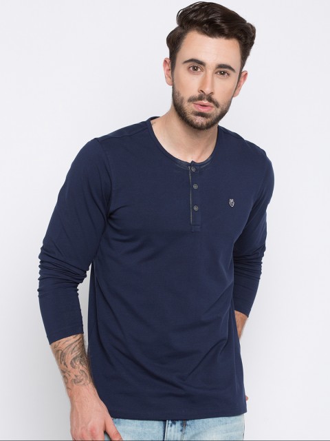 

SPYKAR Men Navy Blue Solid Henley Neck T-shirt