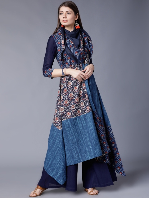 

Vishudh Women Navy Blue & Beige Printed Kurti with Palazzos & Dupatta