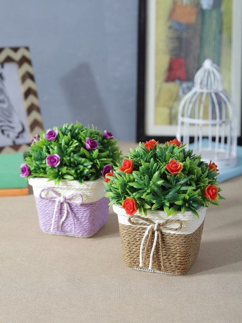 

FOLIYAJ Set of 2 Artificial Flowering Plants with Pots, Green