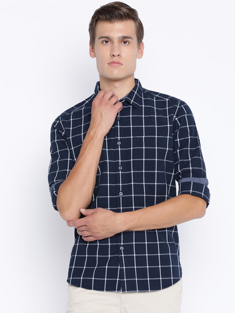 

Basics Men Navy Blue Slim Fit Checked Casual Shirt