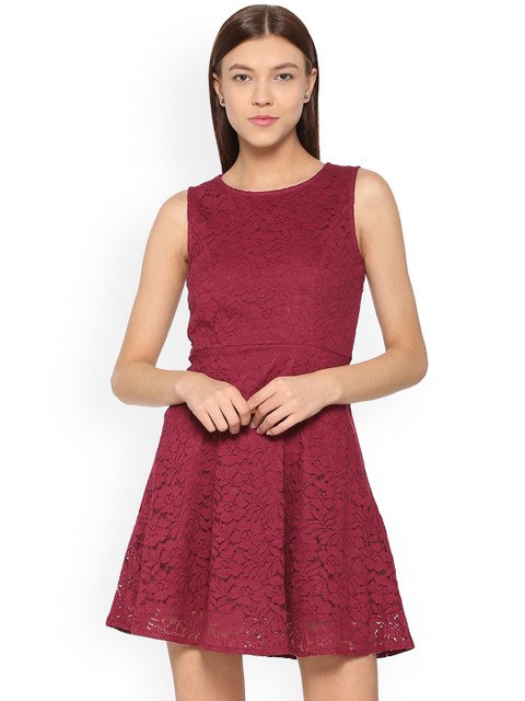 

People Women Maroon Self Design Fit and Flare Dress