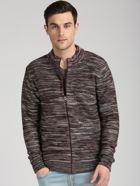 

Peter England Men Maroon & Grey Self Design Front-Open Sweater
