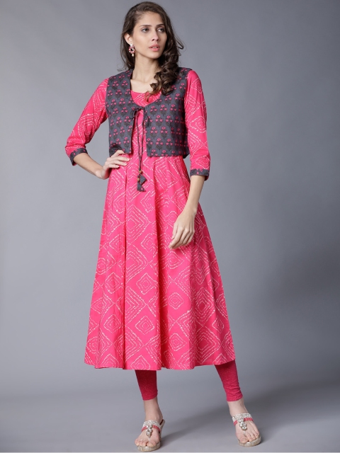 

Vishudh Women Pink & Grey Printed A-Line Kurta