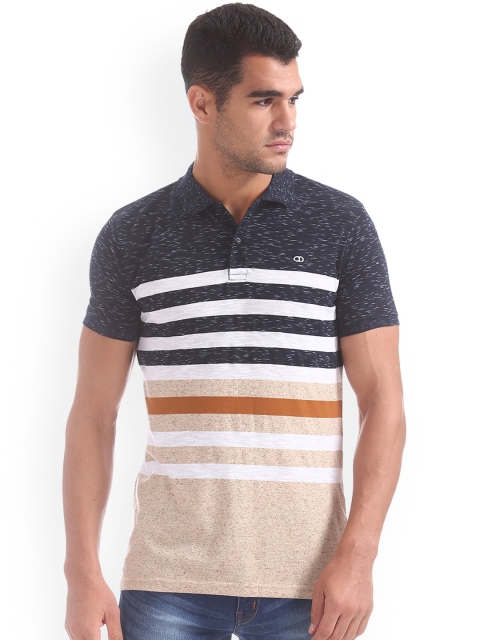 

Ruggers Men Navy & Beige Striped Polo T-shirt, Navy blue
