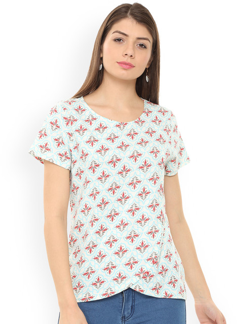 

People Women White & Blue Printed Top