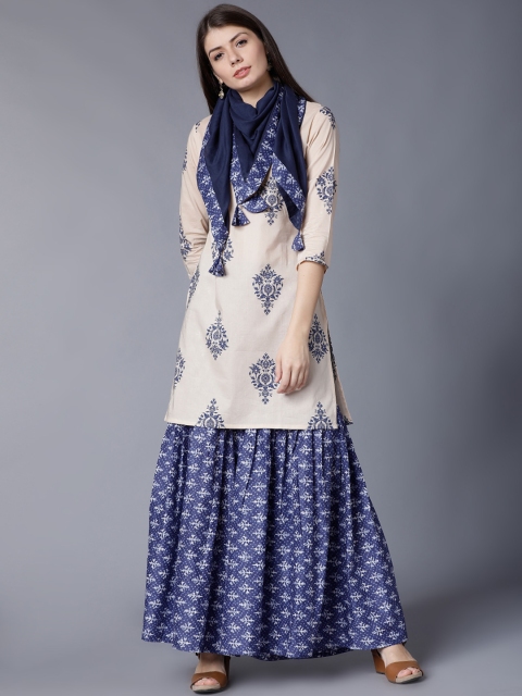 

Vishudh Women Beige & Navy Blue Printed Kurta with Palazzos & Dupatta